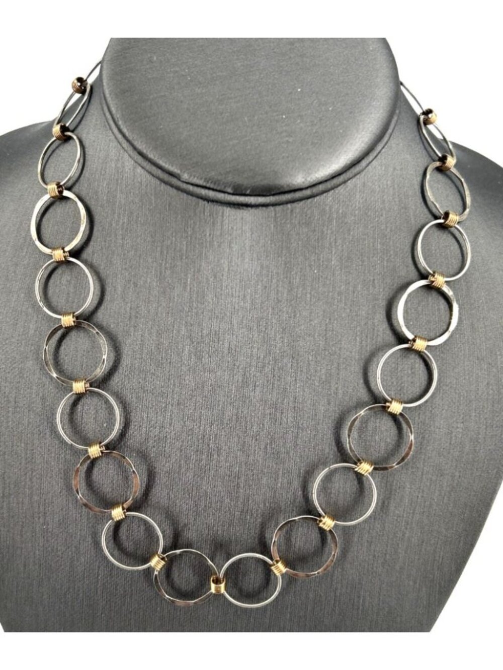 Sterling Silver 925 Gold Coil Hammered Circle Link Necklace 16" Vintage 15 Grams - Picture 5 of 7